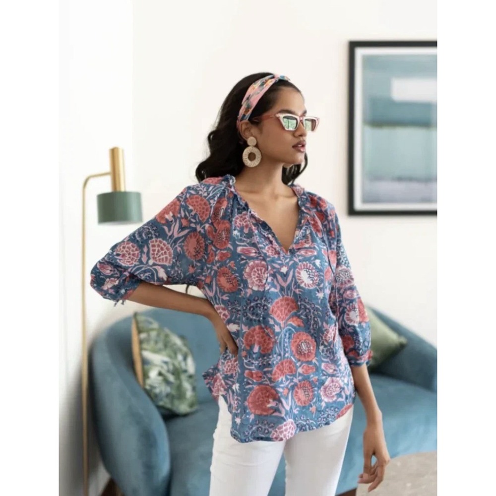 Sohana Block Print Handmade Top Women's Size Large Floral 100% Cotton Classic